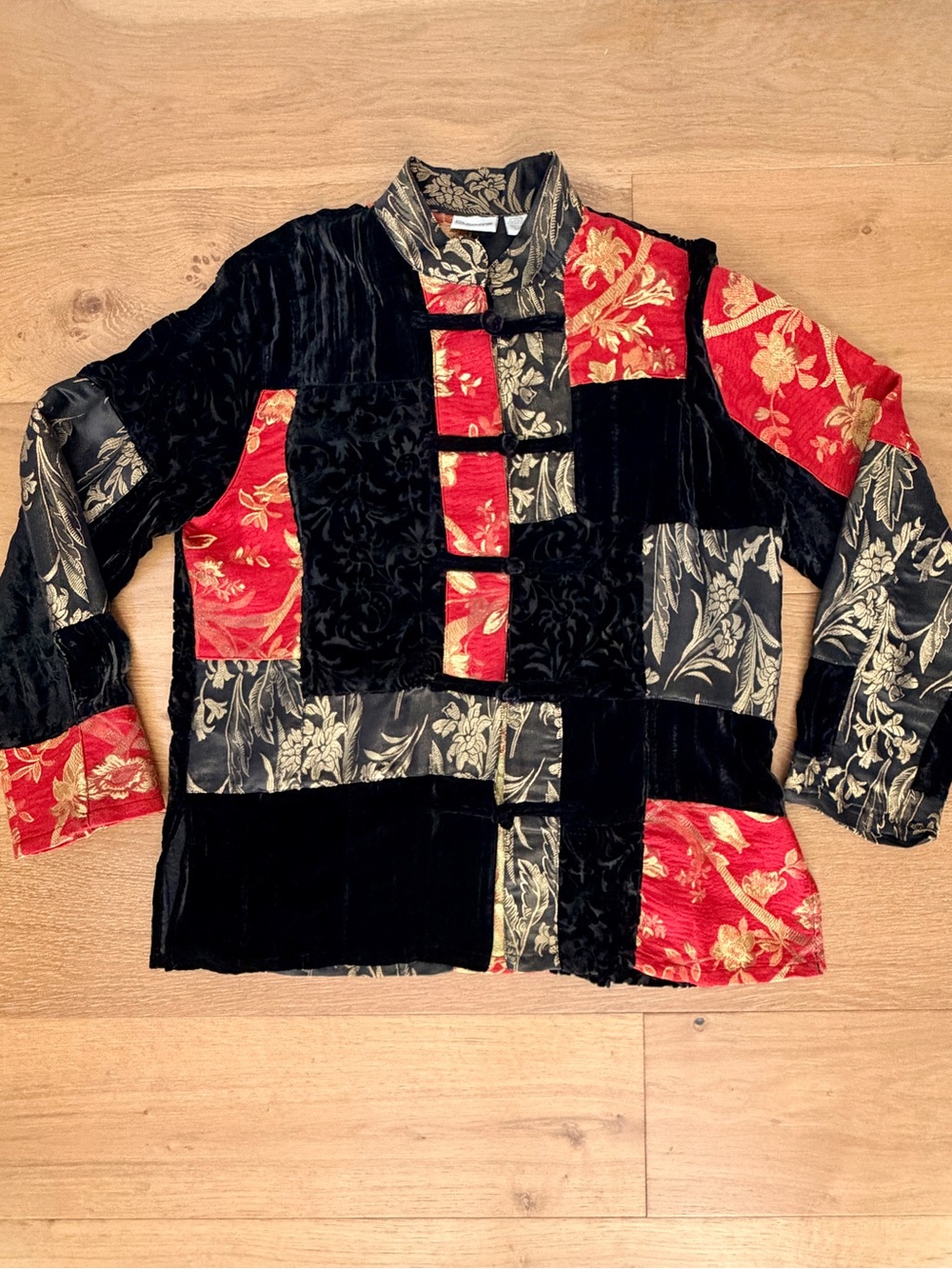 VTG Chicos Festive Holiday Jacket Silk Velvet Patchwork Asian Red Gold Size 2/L